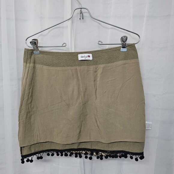 Island Girl Olive Green Red Embroidered Bird Print Mini Skirt Boho M - Picture 9 of 12